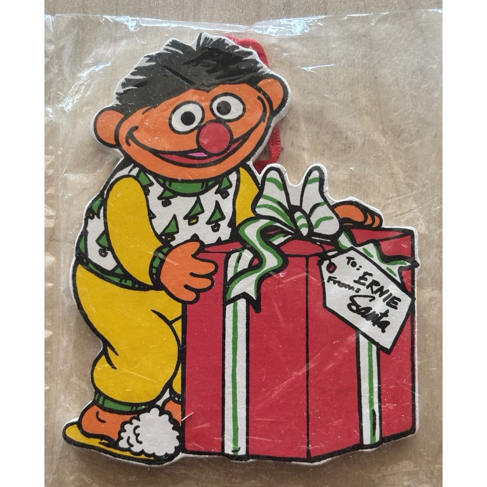 Vtg Sesame St Ernie Christmas Ornament NIP Adler Wooden Taiwan Santa's World
